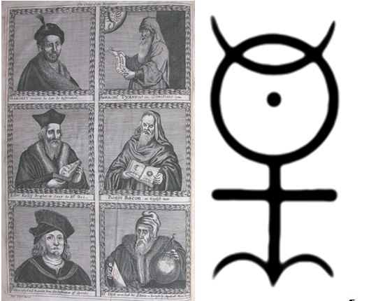 Ilustrace z Liber mysteriorum o komunikaci s anděly a Deeúv glyf (Kelly uprostřed vlevo, Dee dole vpravo; Luna, Slunce, prvky a oheň)
