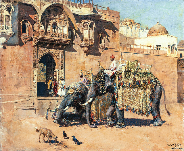 Jedna ze dvou maleb Edwina Lorda Weekse, které zachycuje královské slony mahárádži Džasvanta Sinha II.