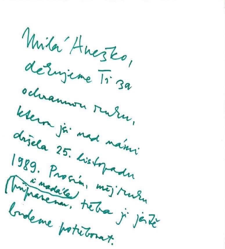 Text, který napsal prezident Václav Havel 11.11.2011 v Arcibiskupství pražském.