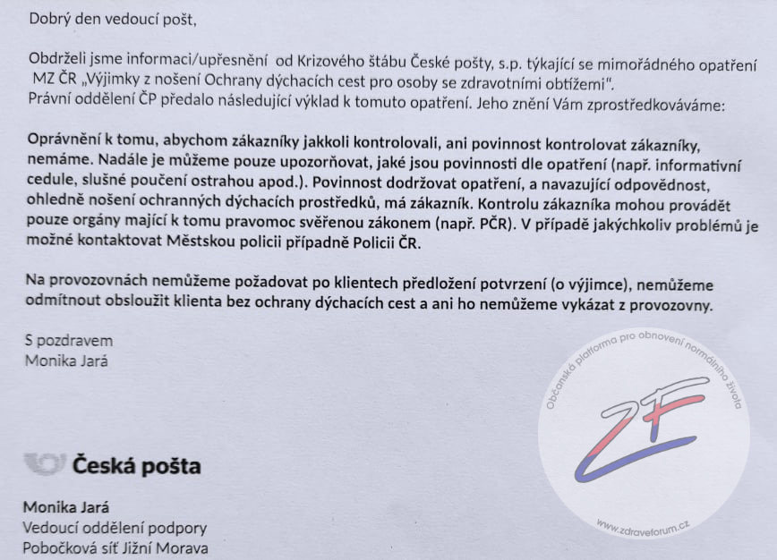 Česká pošta - interní nařízení