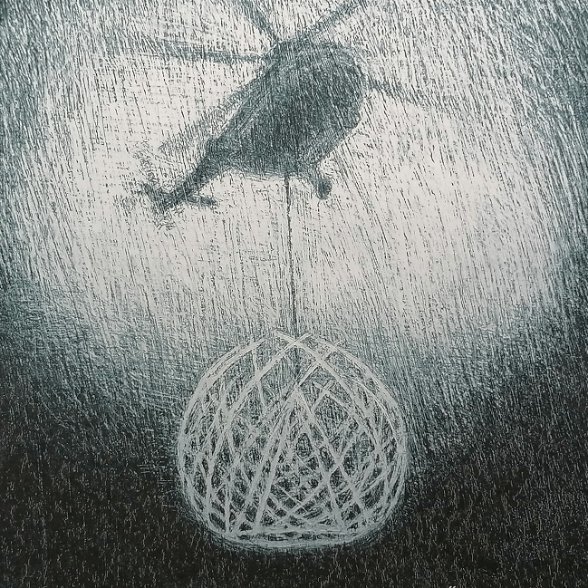 Vrtulník osazující Slunce, ilustrace Peter Balhar ke knize Náměstí Sametové revoluce, 2018