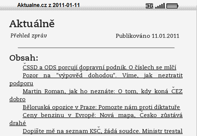 Aktuálně.cz pro Kindle - seznam článků