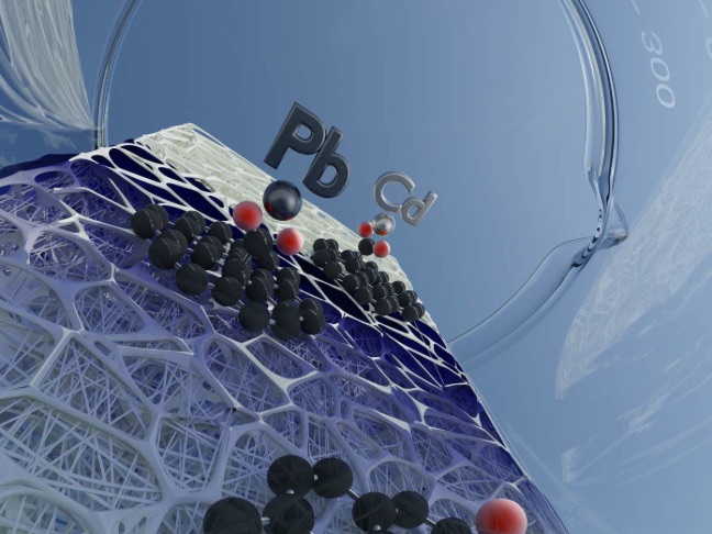 Ilustrace znázorňující nový nanomateriál zachycující těžké kovy ve vodě. Zdroj: CATRIN.