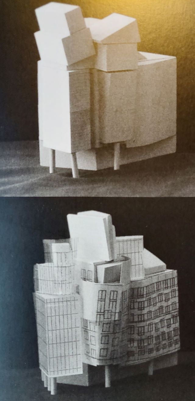 Jeden z Gehryho modelů a maketa Tančícího domu.